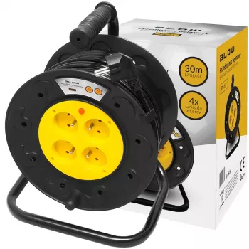 BLO PR-61 30m káblový bubon so 4 zásuvkami Schuko, termická ochrana, 3x1,5mm² kábel H05VV-F, IP20, 16A/230V, max. 3680W odvinutý