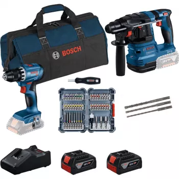 Bosch 18V Professional sada vŕtacie kladivo GBH 18V-22 + vŕtačka-skrutkovačka GSR 18V-45 - (modrá/čierna, 2x Li-Ion batéria 4,0 Ah, sada vrtákov do kladiva a bitov, taška na náradie) (0615V0003D)