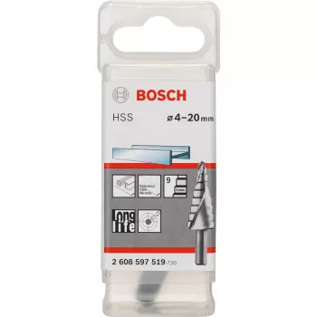 Bosch HSS stupňový vrták 4-20 mm, stopka s 3 plochami, 70,5 mm dĺžka 2608597519