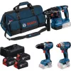 BOSCH Power Tools 18V Professional Combo Kit: vŕtacie kladivo GBH 18V-22 + vŕtačka GSR 18V-65 + rázový uťahovač GDX 18V-285 (modrá/čierna, 3x 5,0 Ah Li-Ion batérie, taška na náradie)