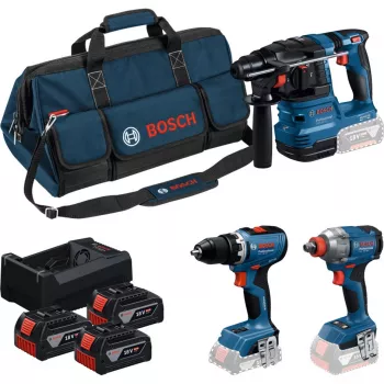 BOSCH Power Tools 18V Professional Combo Kit: vŕtacie kladivo GBH 18V-22 + vŕtačka GSR 18V-65 + rázový uťahovač GDX 18V-285 (modrá/čierna, 3x 5,0 Ah Li-Ion batérie, taška na náradie)