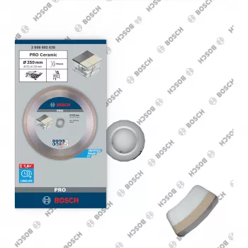 Bosch PRO Keramický diamantový rezací kotúč, 250 mm priemer, 30 mm otvor (s 25,4 mm redukčným krúžkom), priebežná hrana, mokrý/suchý rez