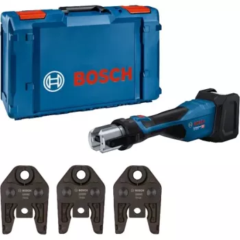 Bosch Professional GPT 18V-32 akumulátorový lisovací nástroj, Solo verzia, Kit TH, 18V, modrý, bez batérie a nabíjačky, 3 štandardné TH lisovacie čeľuste, v L-BOXX