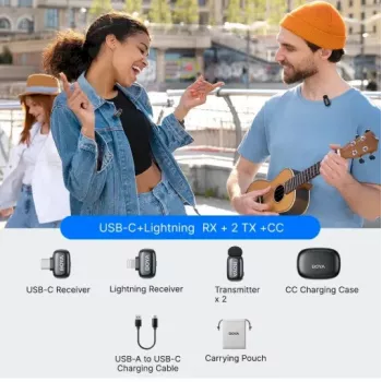 BOYA Mini 2-01 bezdrôtový mikrofónový systém 2,4 GHz s 2 vysielačmi a 2 prijímačmi (USB-C a Lightning) čierny