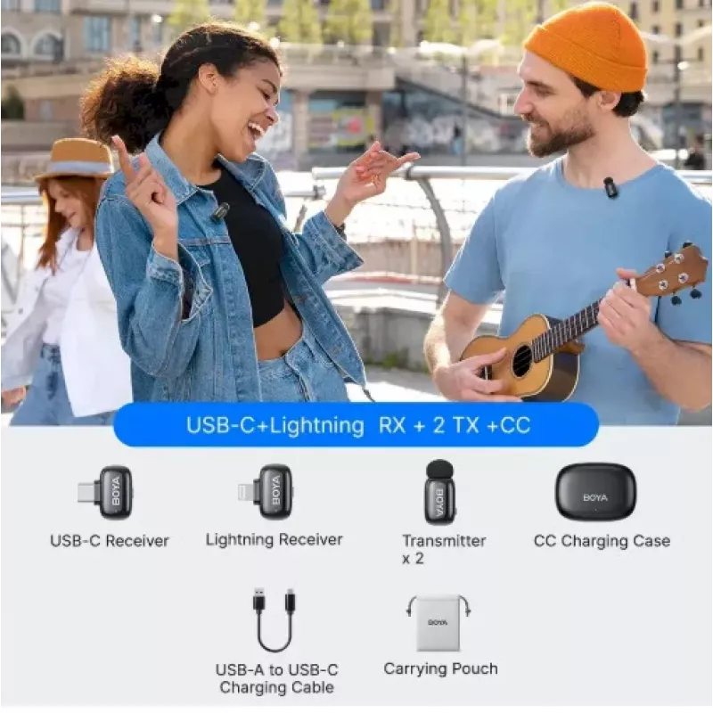 BOYA Mini 2-01 bezdrôtový mikrofónový systém 2,4 GHz s 2 vysielačmi a 2 prijímačmi (USB-C a Lightning) čierny