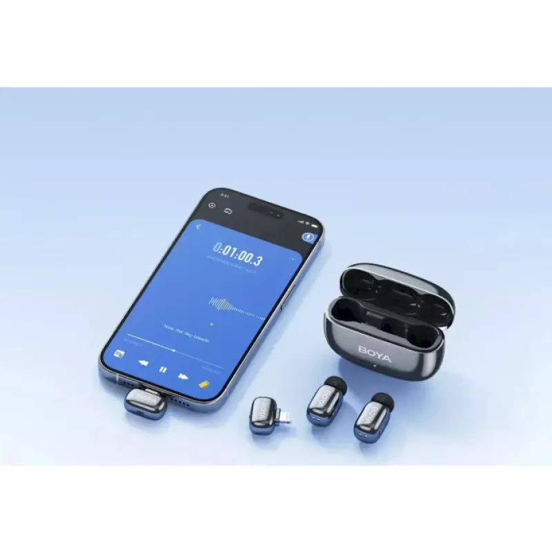 BOYA Mini 2-01 bezdrôtový mikrofónový systém 2,4 GHz s 2 vysielačmi a 2 prijímačmi (USB-C a Lightning) čierny