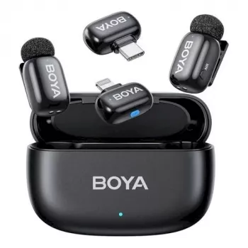 BOYA Mini 2-01 bezdrôtový mikrofónový systém 2,4 GHz s 2 vysielačmi a 2 prijímačmi (USB-C a Lightning) čierny