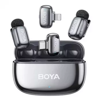 BOYA Mini 2-01 bezdrôtový mikrofónový systém s AI potlačením šumu, 2 vysielače a 2 prijímače (USB-C a Lightning), Space Gray