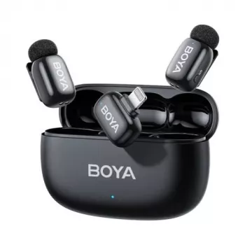 BOYA Mini 2-03 bezdrôtový mikrofónový systém 2,4 GHz, AI potlačenie šumu, 2 vysielače + 1 Lightning prijímač, čierna