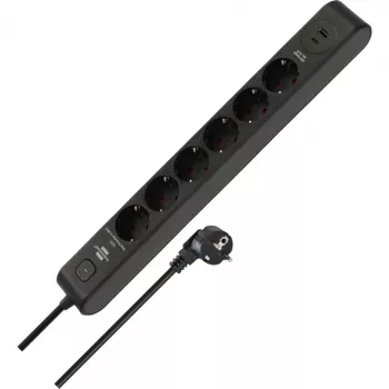 BRENNENSTUHL 6-násobná zásuvková lišta s 1x USB-C, 1x USB-A, ochrana proti prepätiu 13.500 A, 2 m kábel, čierna/antracitová
