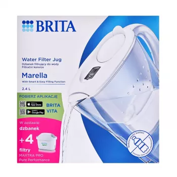 Brita Marella+ Kanvica na filtrovanie vody so 4 Maxtra Pro kartušami, 2,4 L, biela