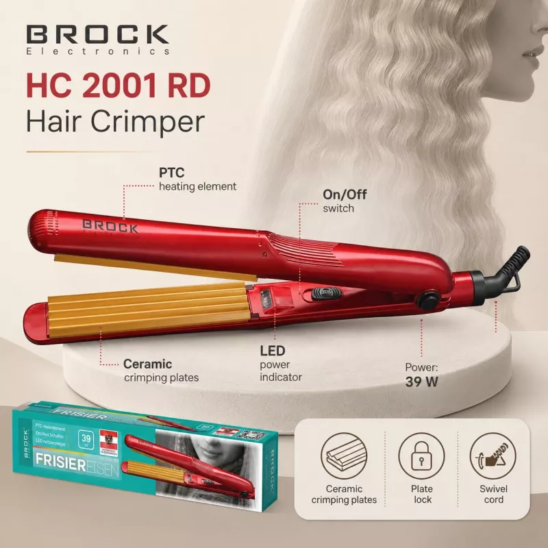 Keramická krepovačka na vlasy Brock HC 2001 RD, 25 W, červená