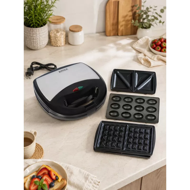 Brock SSM 2004 SS 3-in-1 sendvičovač, vaflovač a orechovač, 750W, čierna/nehrdzavejúca oceľ