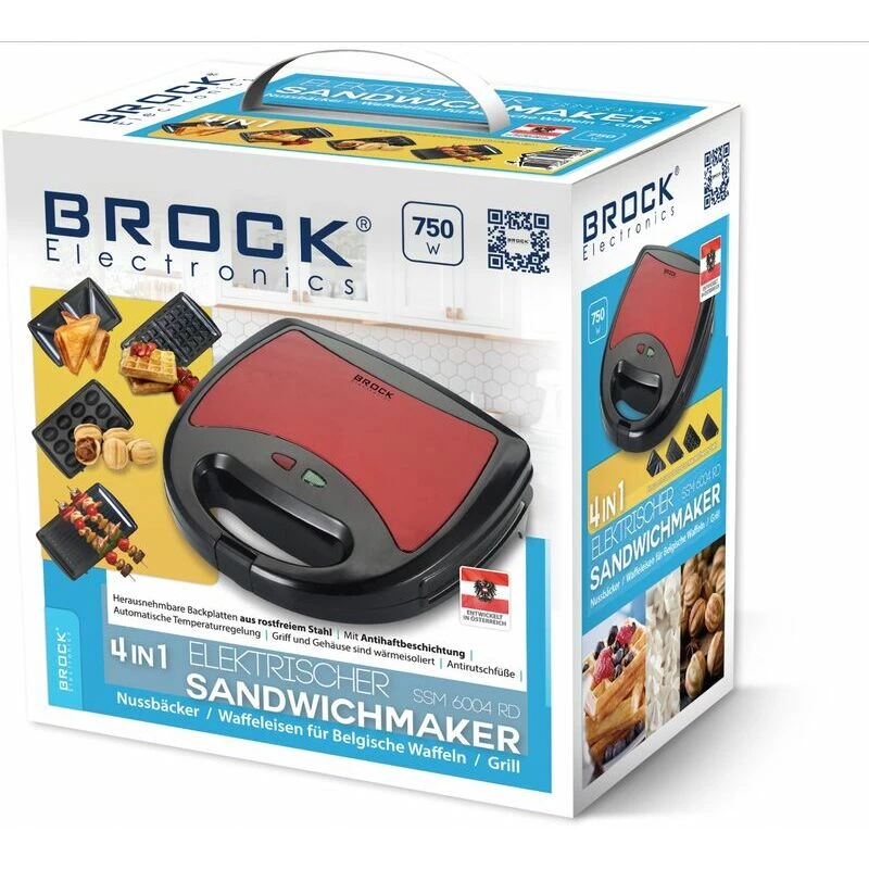 Brock SSM 6004 RD 4-in-1 sendvičovač/orechovač/vaflovač a gril 750 W, červená