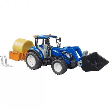 Traktor BRUDER New Holland T5.120 s predným nakladačom, nákladným boxom a vidlicami 1:16
