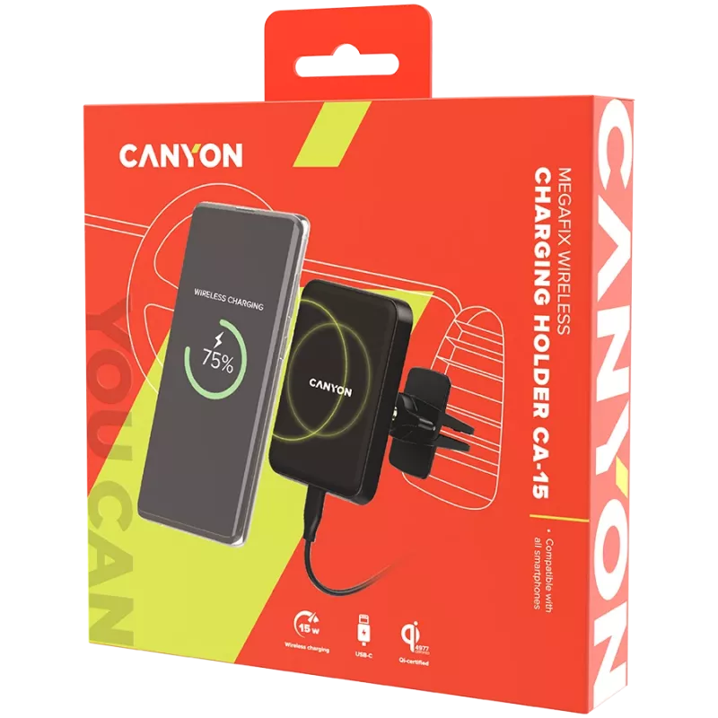 CANYON CH-15 Držiak do auta a bezdrôtová nabíjačka MegaFix, 15W, USB-C, čierna