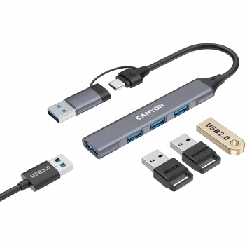 CANYON DS-02 4 v 1 USB-A/C rozbočovač, sivý