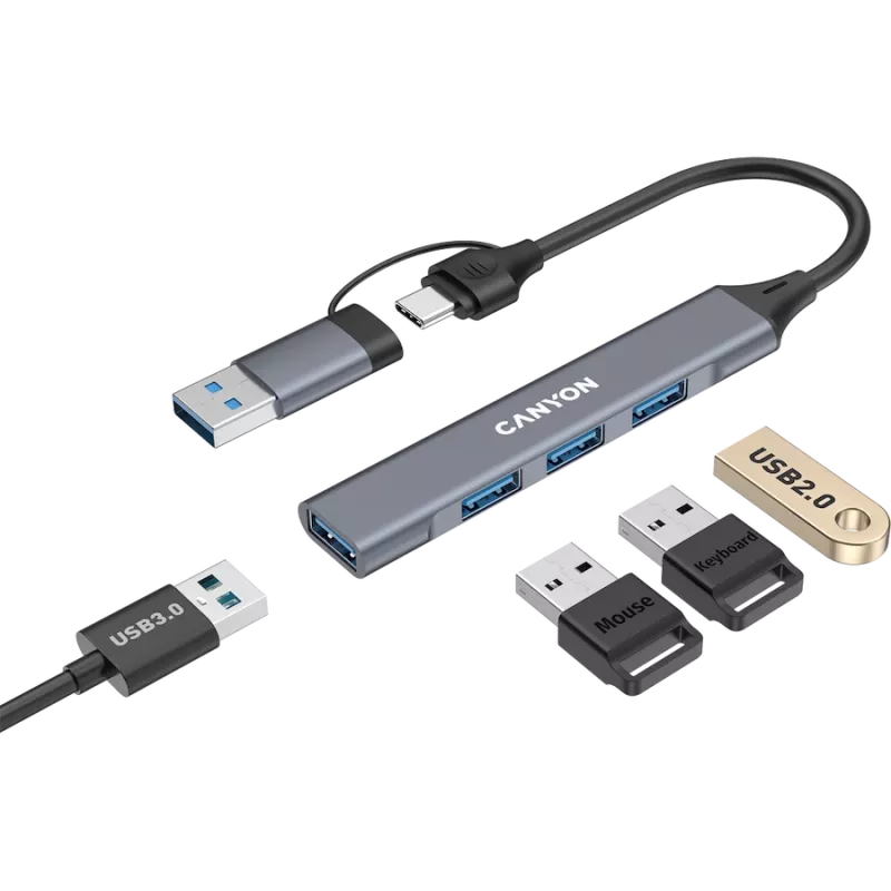 CANYON DS-02 4 v 1 USB-A/C rozbočovač, sivý