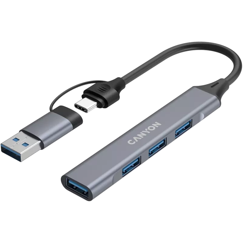 CANYON DS-02 4 v 1 USB-A/C rozbočovač, sivý