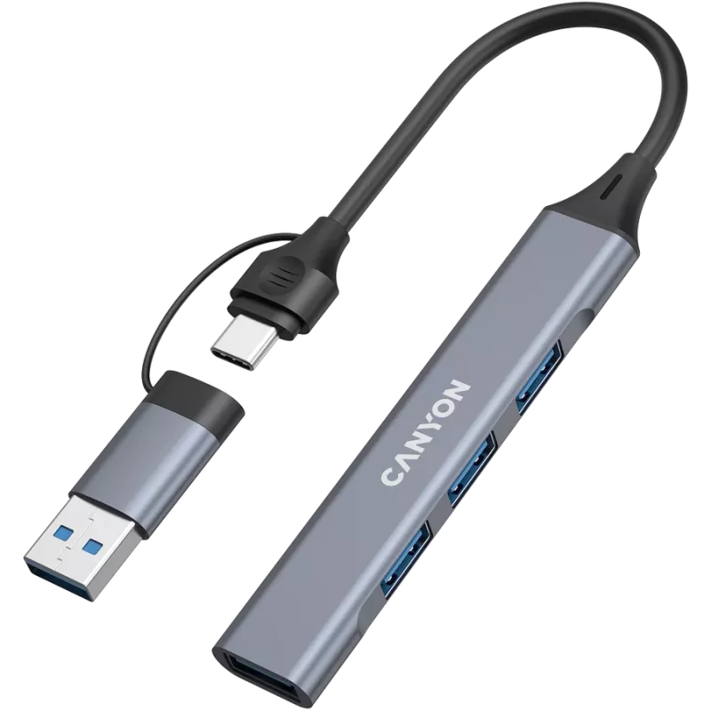 CANYON DS-02 4 v 1 USB-A/C rozbočovač, sivý