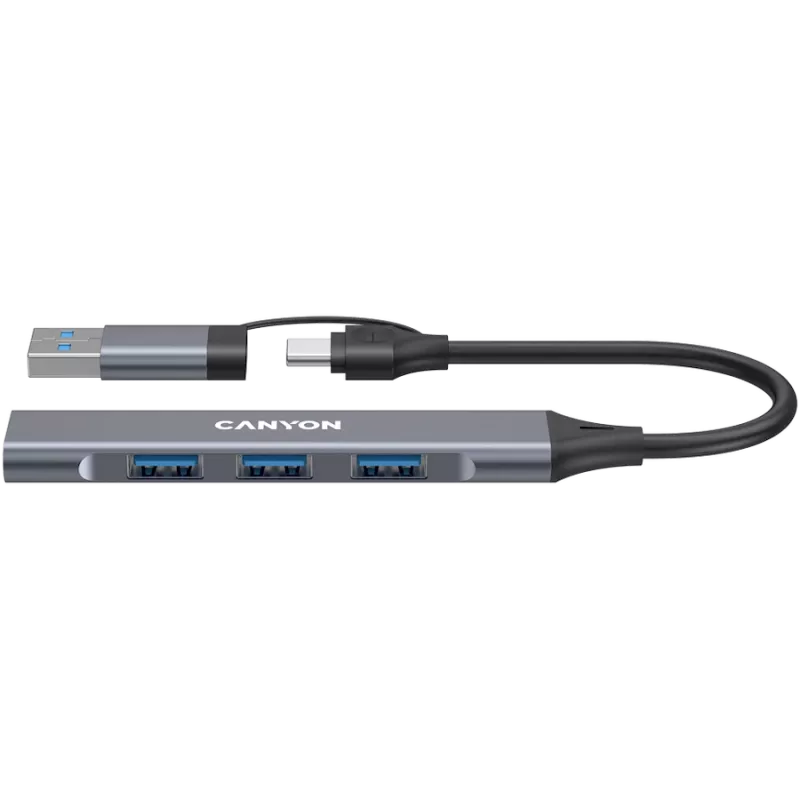CANYON DS-02 4 v 1 USB-A/C rozbočovač, sivý
