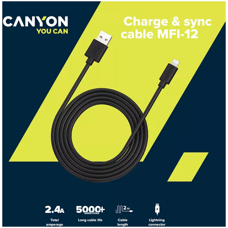 CANYON MFI-12 USB-A na Lightning kábel 2m biely