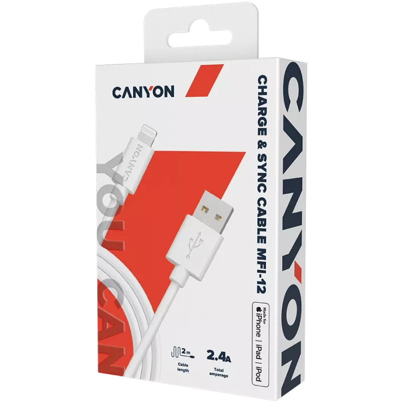 CANYON MFI-12 USB-A na Lightning kábel 2m biely