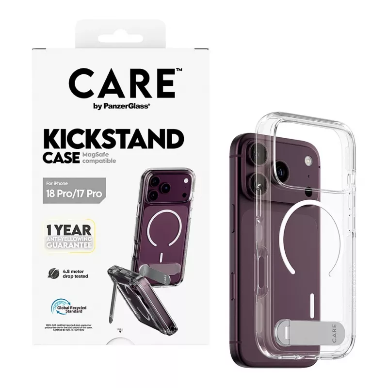 CARE by PanzerGlass puzdro s podpierkou priehľadné s bielym MagSafe pre iPhone 17 Pro