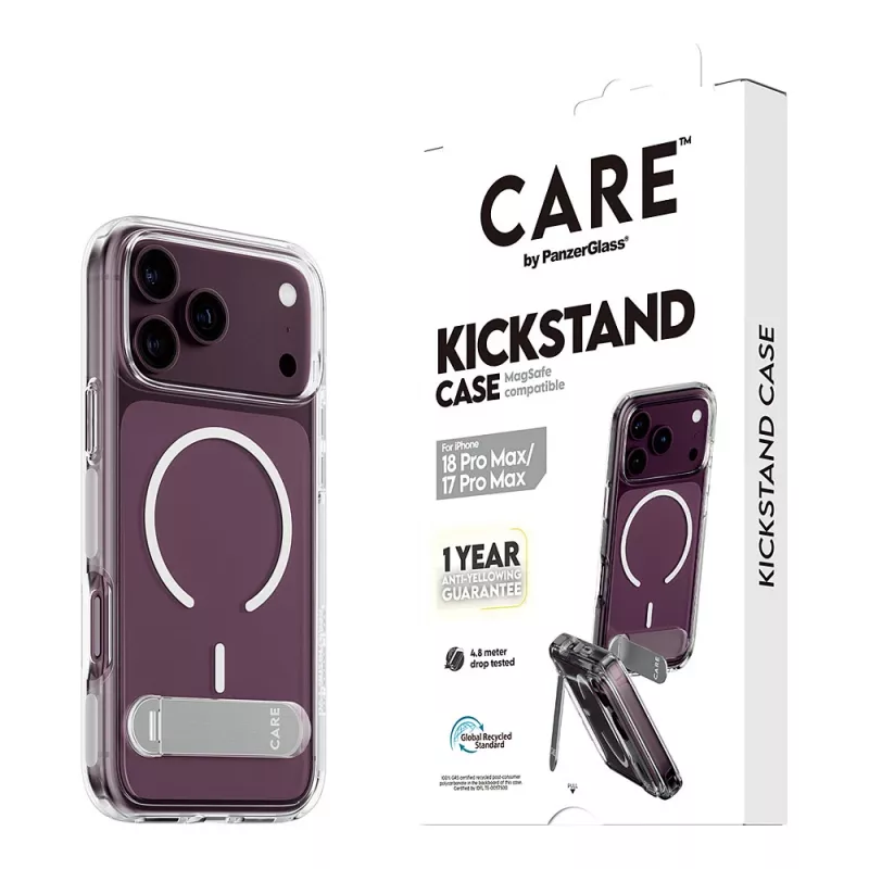 CARE by PanzerGlass puzdro s podpierkou priehľadné s bielym MagSafe pre iPhone 17 Pro Max