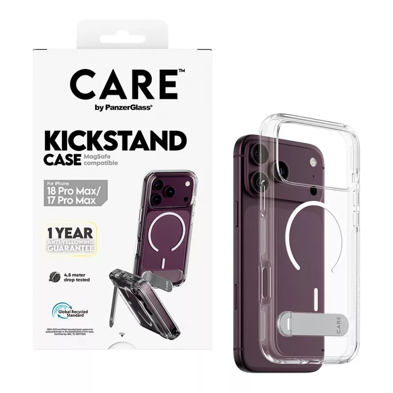 CARE by PanzerGlass puzdro s podpierkou priehľadné s bielym MagSafe pre iPhone 17 Pro Max