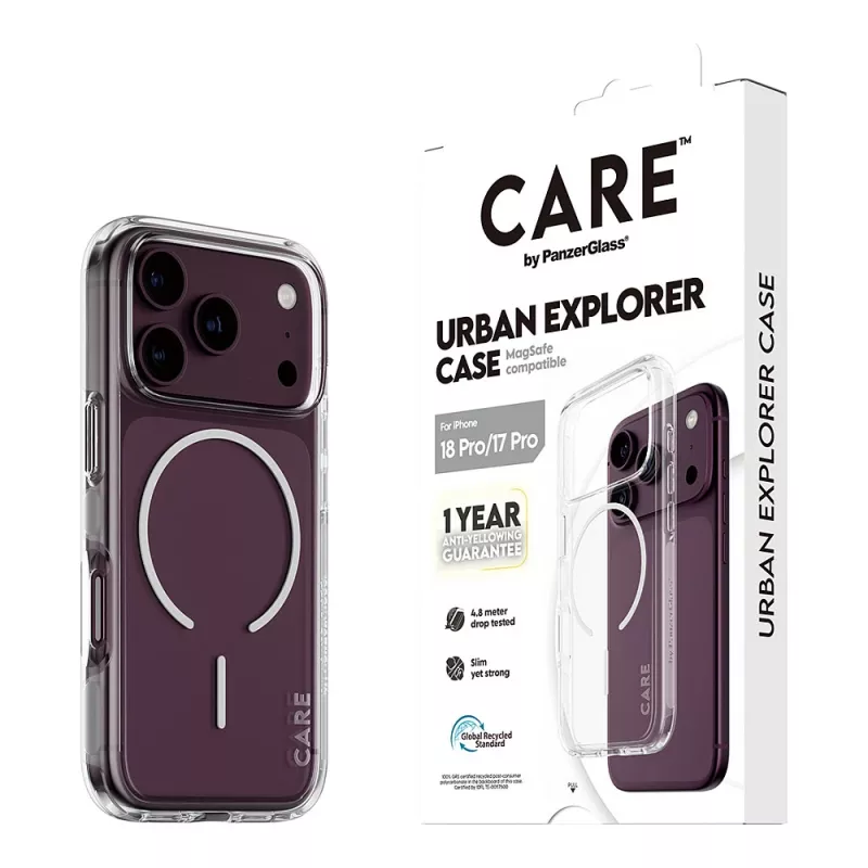 CARE by PanzerGlass Urban Explorer puzdro priehľadné s bielym MagSafe prstencom pre iPhone 17 Pro