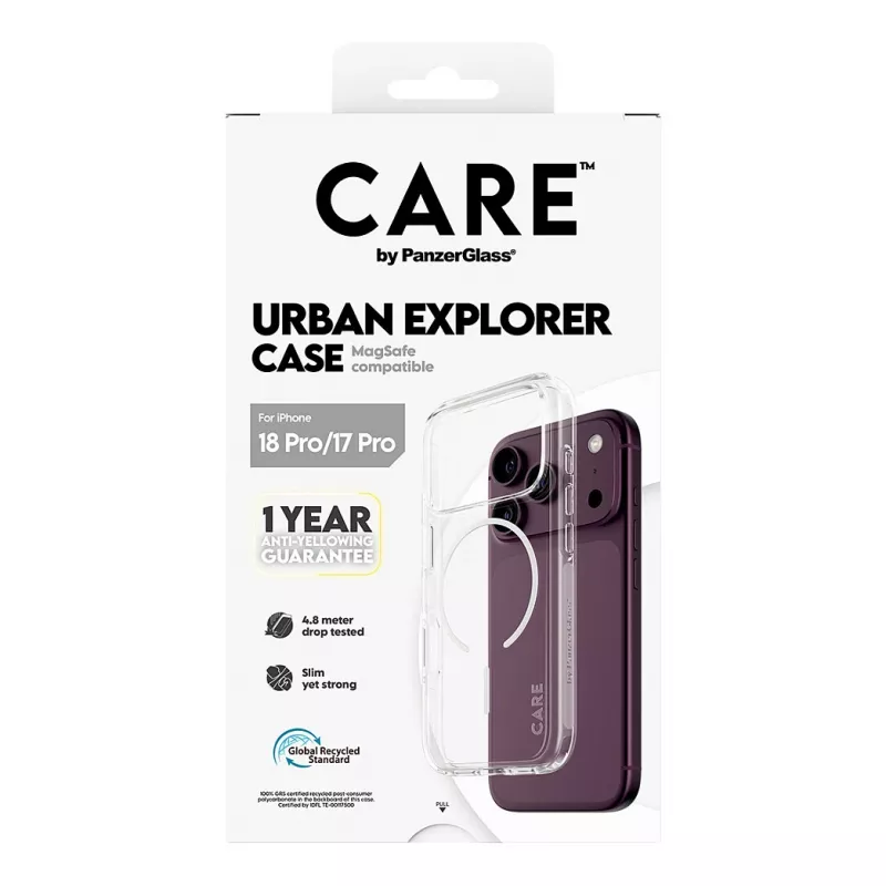 CARE by PanzerGlass Urban Explorer puzdro priehľadné s bielym MagSafe prstencom pre iPhone 17 Pro