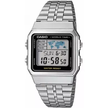 Casio A500WA-1DF Classic digitálne quartz náramkové hodinky – strieborný nerezový remienok, LED podsvietenie, svetový čas