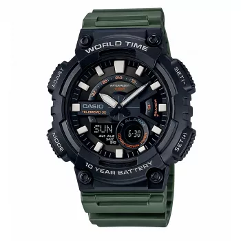 CASIO AEQ-110W-3A pánske analógovo-digitálne hodinky, 52,2 mm, zelený živicový remienok