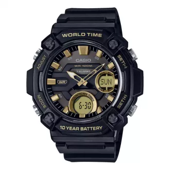 CASIO AEQ-120W-9A pánske analógovo-digitálne hodinky, 53,3 mm, čierne živicové puzdro, čierny živicový remienok, zlaté akcenty