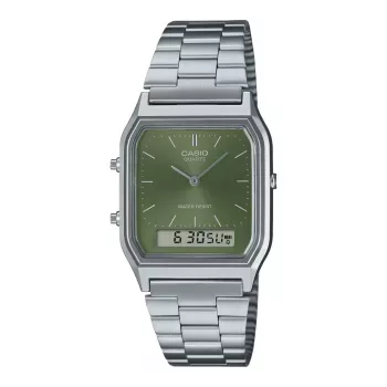 CASIO AQ-230A-3A Unisex analógovo-digitálne hodinky, 38,8 mm, zelený ciferník, strieborný náramok z nehrdzavejúcej ocele