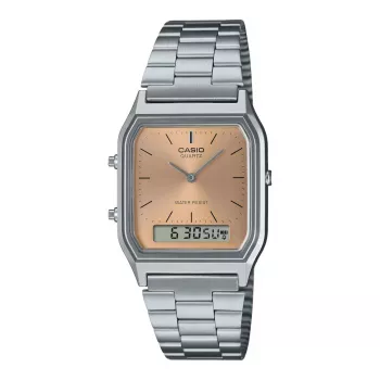 CASIO AQ-230A-4A unisex analógovo-digitálne hodinky, 38,8 mm, strieborné puzdro, červený ciferník, nerezový náramok
