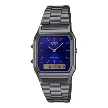 CASIO AQ-230GG-2A unisex analógovo-digitálne quartzové hodinky, 38,8mm, náramok z nehrdzavejúcej ocele v sivej farbe gunmetal, modrý ciferník