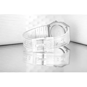Casio F-91WS-7DF digitálne hodinky – priehľadné biele puzdro z živice, unisex, quartz, LED podsvietenie, vodotesné do 3 ATM