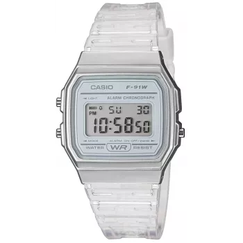 Casio F-91WS-7DF digitálne hodinky – priehľadné biele puzdro z živice, unisex, quartz, LED podsvietenie, vodotesné do 3 ATM