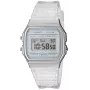 Casio F-91WS-7DF digitálne hodinky – priehľadné biele puzdro z živice, unisex, quartz, LED podsvietenie, vodotesné do 3 ATM
