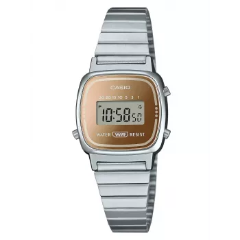 CASIO LA670WES-4AEF dámske digitálne hodinky - ružovo-zlatý ciferník, strieborné puzdro a náramok, 24 mm