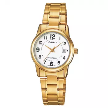 CASIO LTP-V002G-7B dámske analógové quartz hodinky, 25 mm puzdro zo zlatofarebnej ušľachtilej ocele, strieborný ciferník