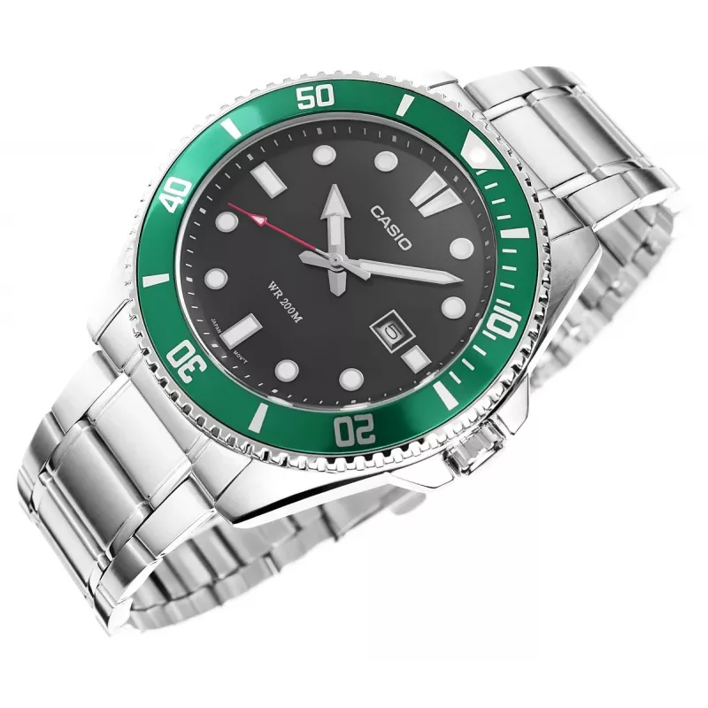 Casio MDV-107D-3AVEF pánske analógové quartzové hodinky, zelený ciferník a oceľový náramok, 200m vodotesnosť
