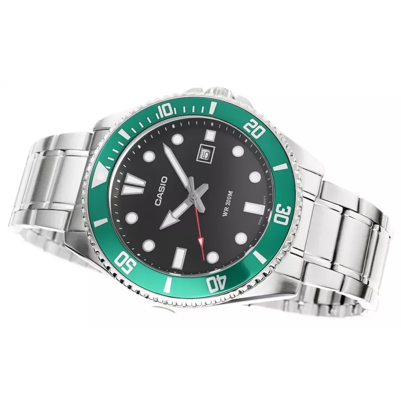 Casio MDV-107D-3AVEF pánske analógové quartzové hodinky, zelený ciferník a oceľový náramok, 200m vodotesnosť