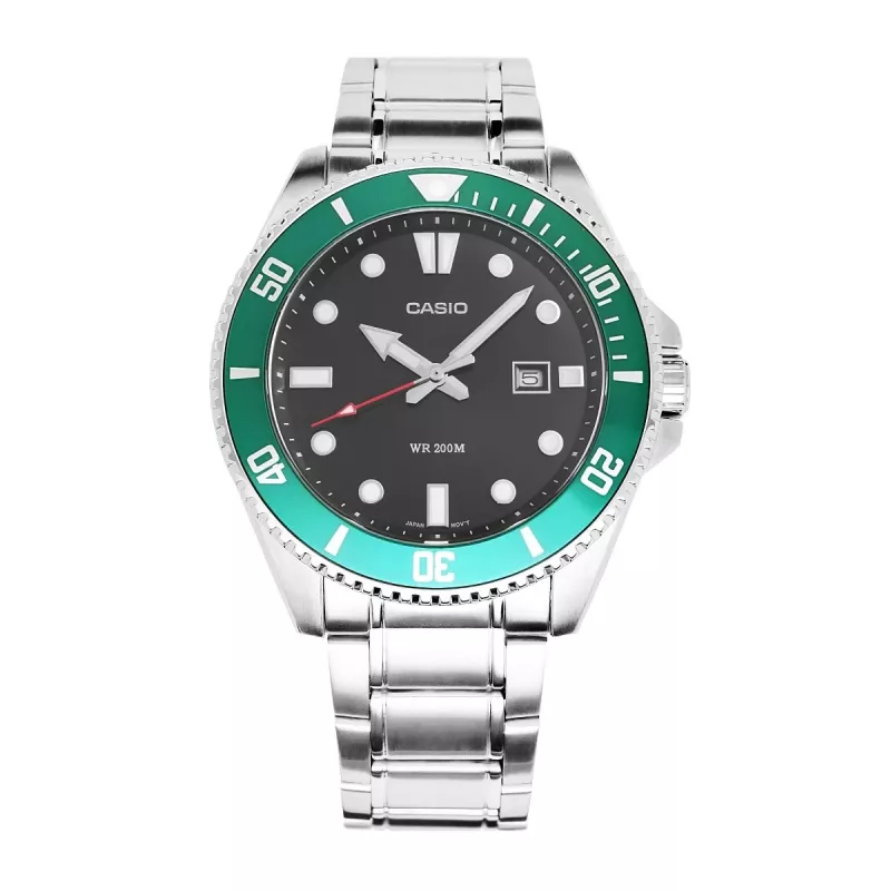 Casio MDV-107D-3AVEF pánske analógové quartzové hodinky, zelený ciferník a oceľový náramok, 200m vodotesnosť