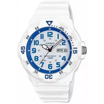 CASIO MRW200HC7B2VD pánske analógové quartz hodinky s ukazovateľom dátumu a dňa v týždni, vodotesnosť 100m, živicový náramok, biely ciferník, modro-červená luneta