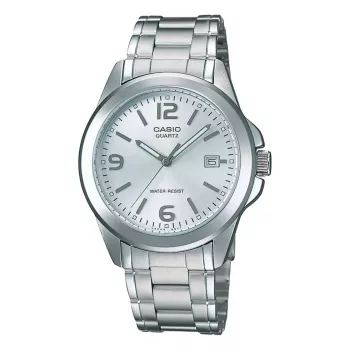 Casio MTP-1215A-7A pánske analógové quartzové hodinky s nerezovým náramkom, strieborným ciferníkom, 38,4 mm puzdrom, zobrazením dátumu a dňa v týždni, vodotesnosť 50 m