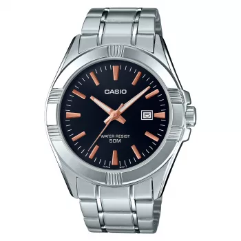 CASIO MTP-1308D-1A2 pánske analógové quartzové hodinky, 48,9 mm, čierny ciferník, strieborný náramok z nehrdzavejúcej ocele