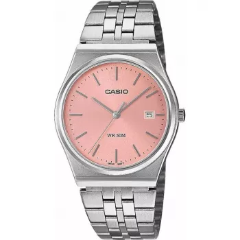 Casio MTP-B145D-4AVEF pánske analógové quartz hodinky s remienkom z ušľachtilej ocele, lososovým ciferníkom, strieborným puzdrom, vodotesnosť 50m